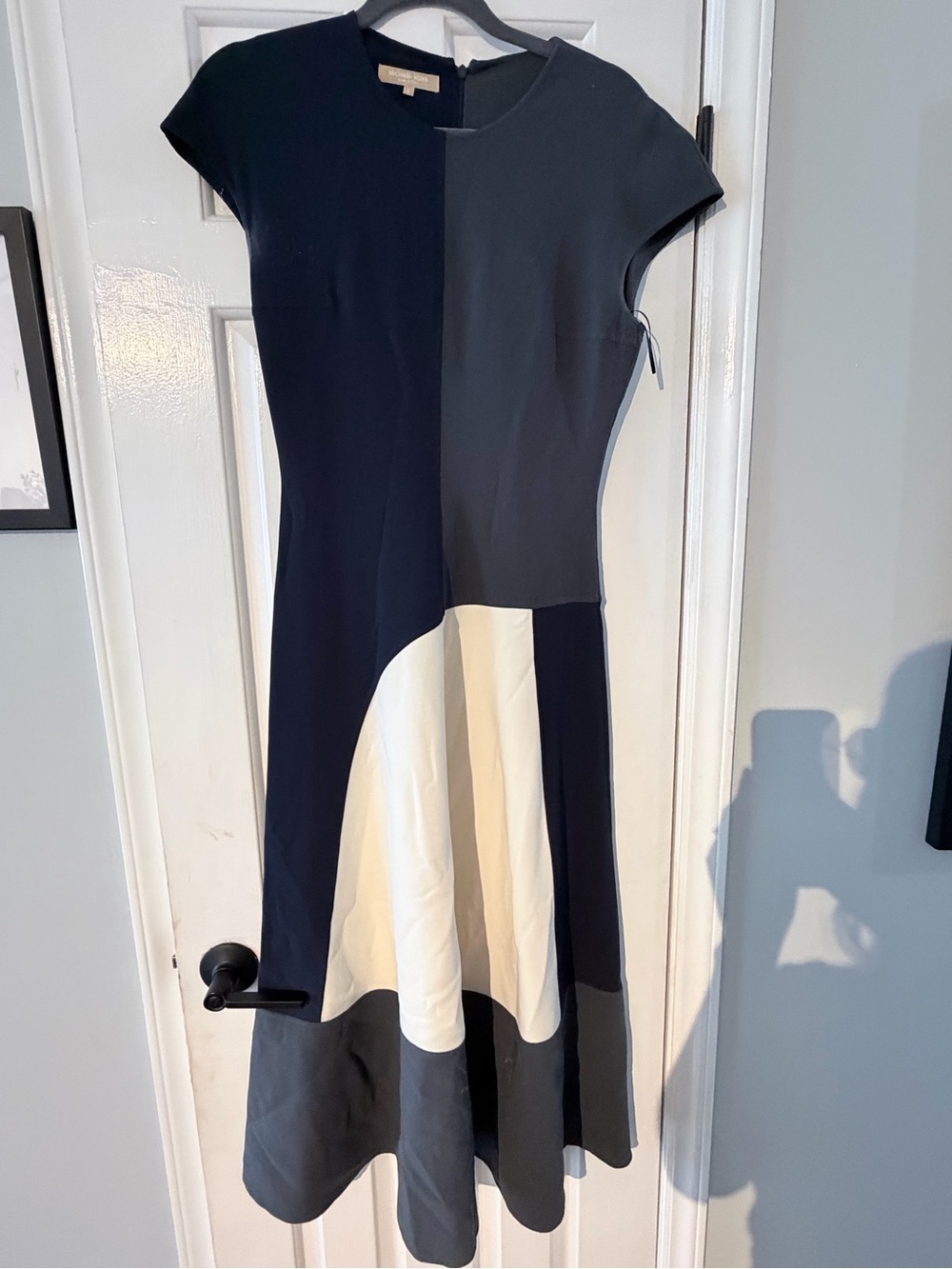 Michael Kors Navy, Charcoal & Cream Colorblock Midi Dress